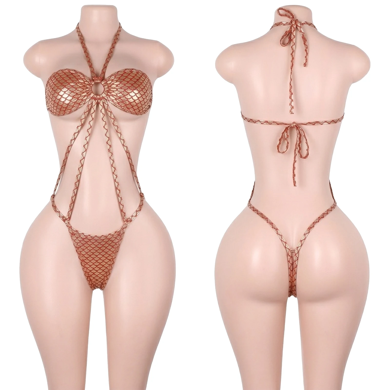 Wholesale Exotic Dance Wear Foil Scale Sparkly Gold Thread Lace-Up G-String Nightclub Stage Bodysuits Ensembles