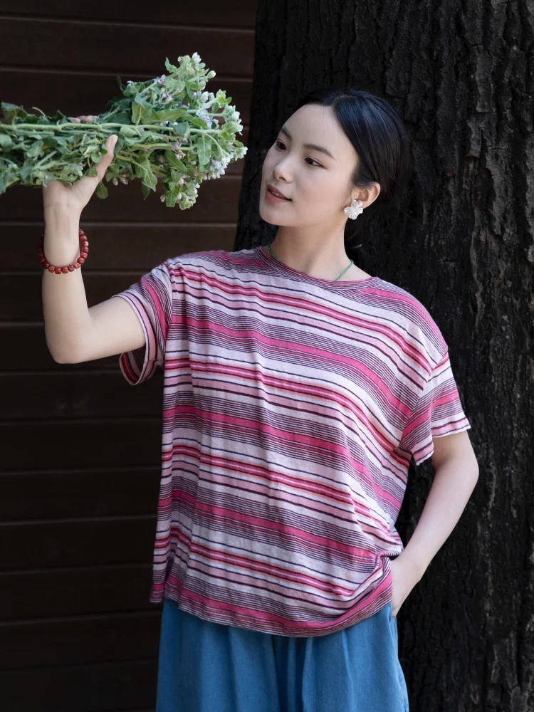 

Summer Casual Loose Red Stripe Short Sleeve T-Shirt Color Woven Lin Women's Fashion Artistic Style round Neck Regular Fit T-S...