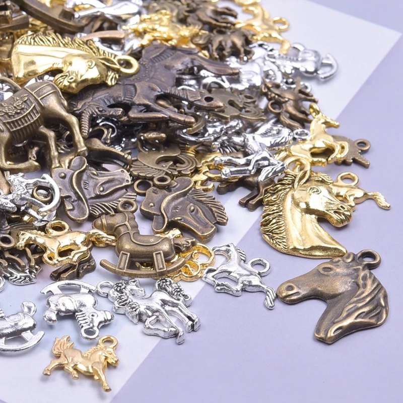 30/50pcs Charms Fly Horse Lucky Horseshoe Gold Color Pony Antique Bronze Mixed Pendants DIY Findings Tibetan Jewelry Craft