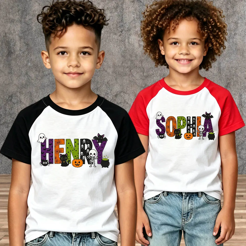 Ghost Pumpkin Bat Design Personalized Toddler Halloween Shirt Custom Name Tee Cotton Short Sleeve Boys Girls Children Daily Tops