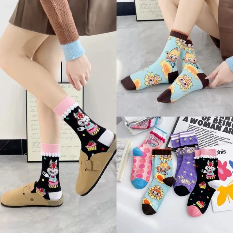 5 Pairs Labubu Casual Socks Female High Quality Fall And Winter New Anime Cartoon Combed Cotton Mid-calf Men's and Women's Socks