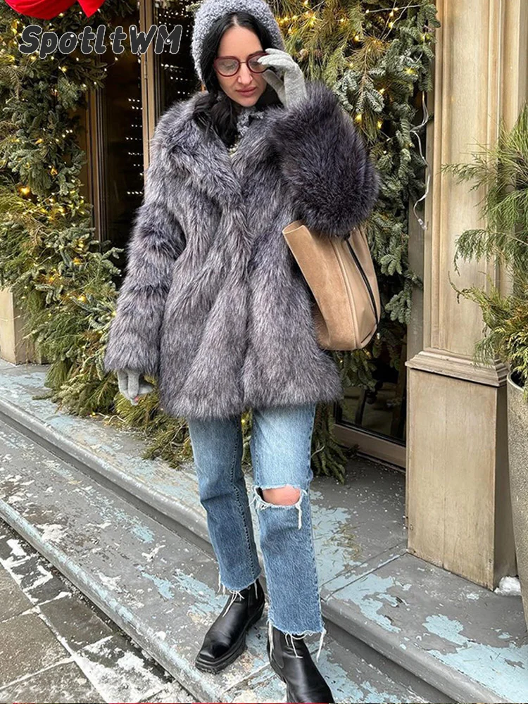 2024 Winter Faux Fur Mid-length Jacket Women Warm Fluffy Loose Long Sleeve Lapel Cardigan Coat Stylish Lady Street Outerwear