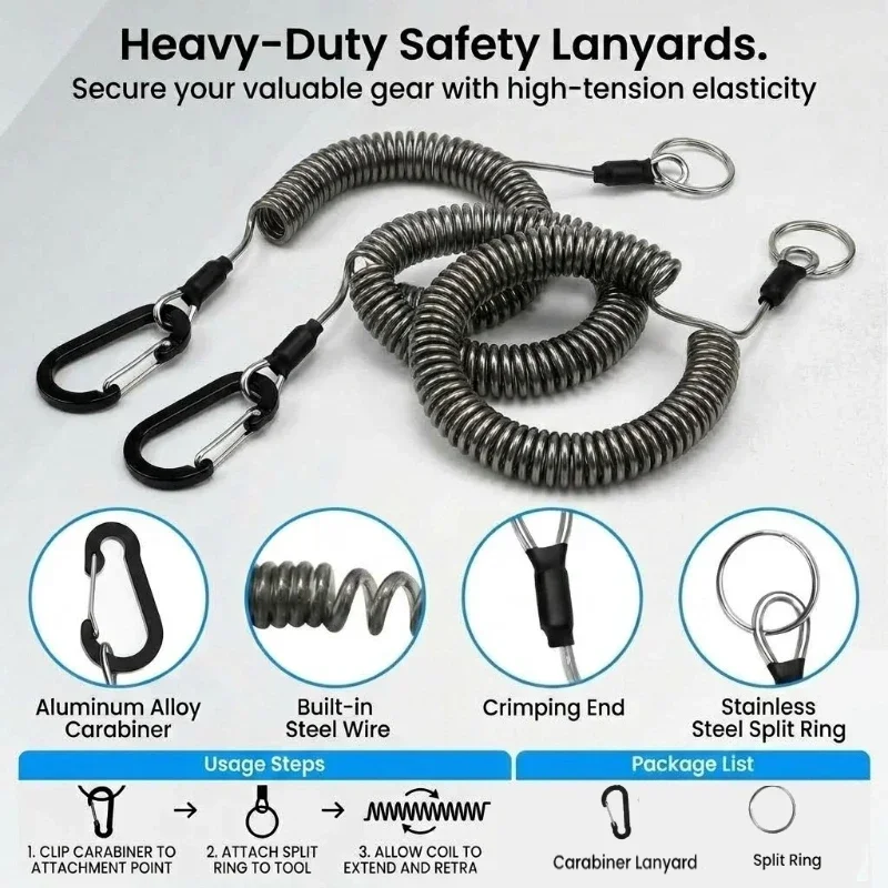 Retractable Coiled Safety Lanyard with Aluminum Hook Quick Release Buckle  Anti-loss Tool Lanyard for Fishing Kayaking Outdoor