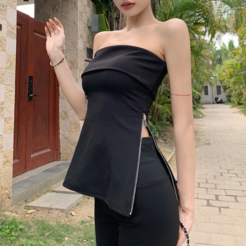 2024 Summer New Off-shoulder Sexy Slim Zipper Tank Tops Women + High Waist Solid Color Casual Wide Leg Pants Two-piece Suit