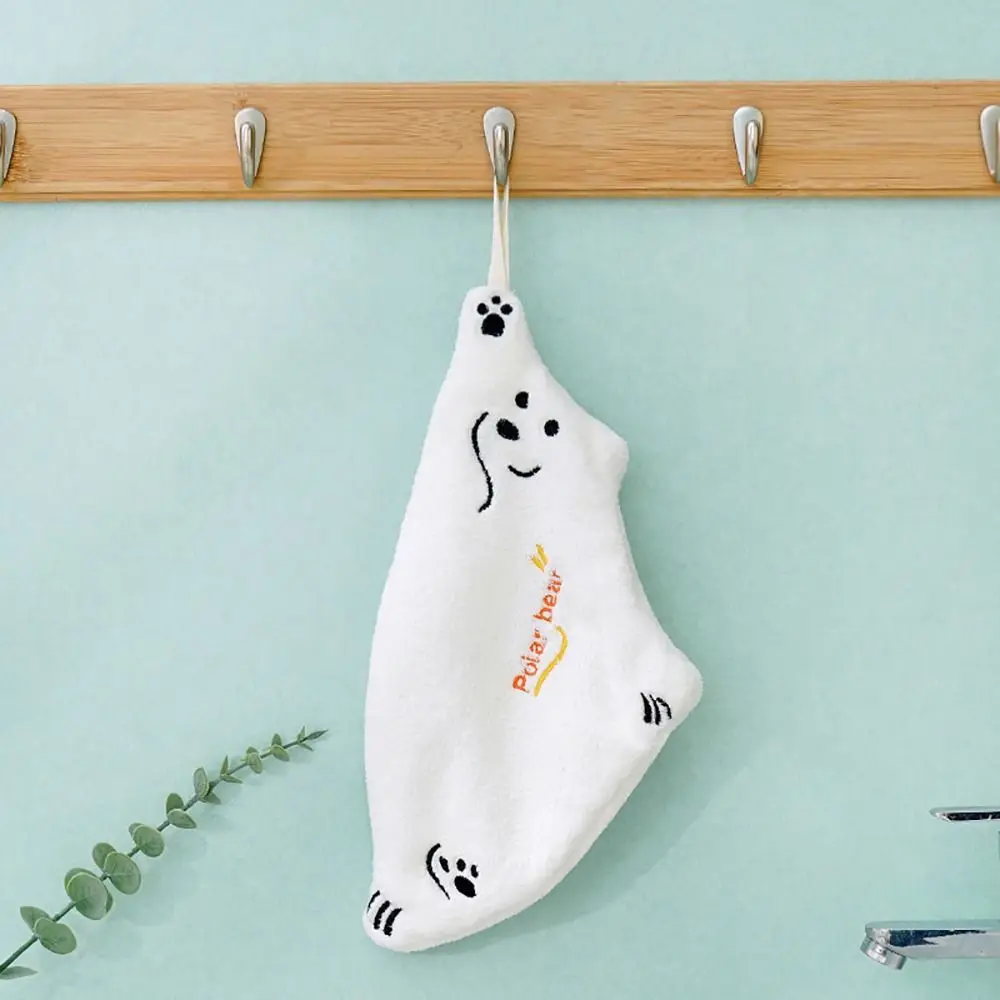 1Pcs Soft Cute Cartoon Shaped Hand Wipe Polar Bear Quick Dry Hanging Towel Handkerchief Kitchen Household Coral Velvet Towel