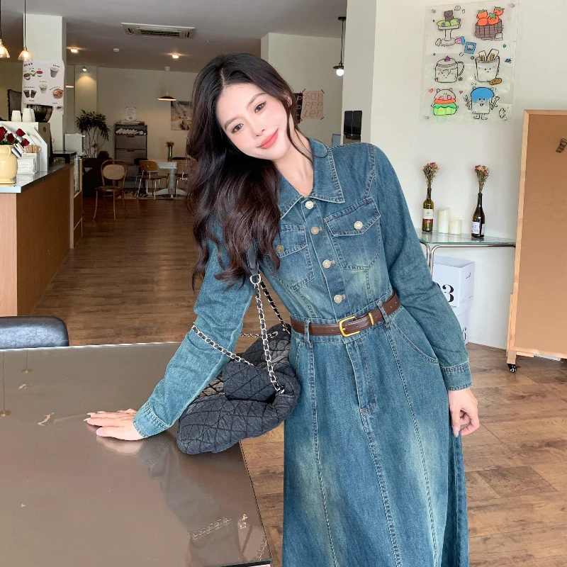 Plus Size Denim Dress Women\'s Casual Long Sleeve Jeans Robe Autumn Winter Female Vestidos with Belt Clothes KE9180