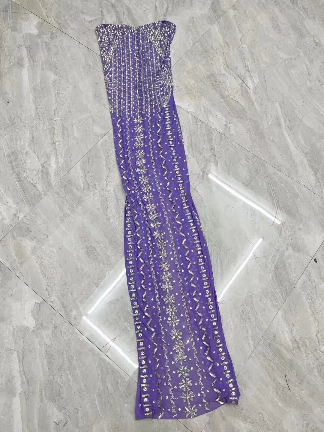 Sparkly Rhinestones Purple Long Dress for Women Sexy Mesh See Through Celebrate Evening Prom Birthday Dress Photo Shoot Wear