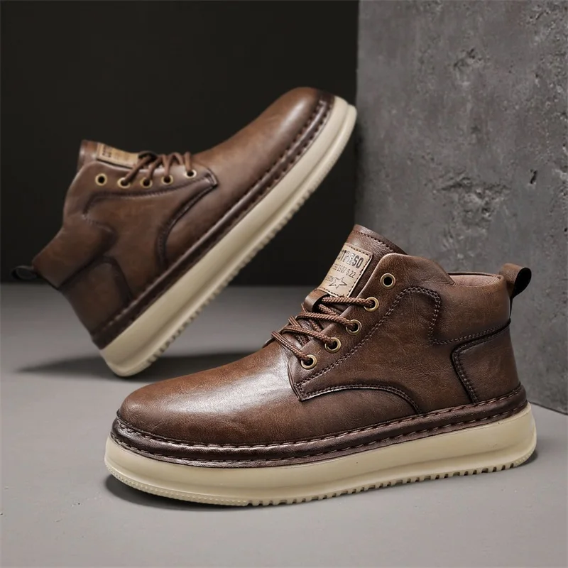 Sapatos casuais masculinos feitos à mão retrô de cano alto, botas vintage ultraleves com cadarço elegantes, tênis ao ar livre para uso diário de primavera e outono, sapatos masculinos de tamanho grande preto cáqui