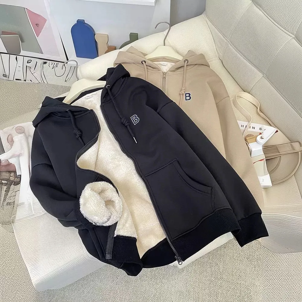 Padded Thickened Hooded Lamb's Wool Sweater Women's Fall and Winter Couple Models Loose Warm Long-sleeved Cardigan Zipper Jacket