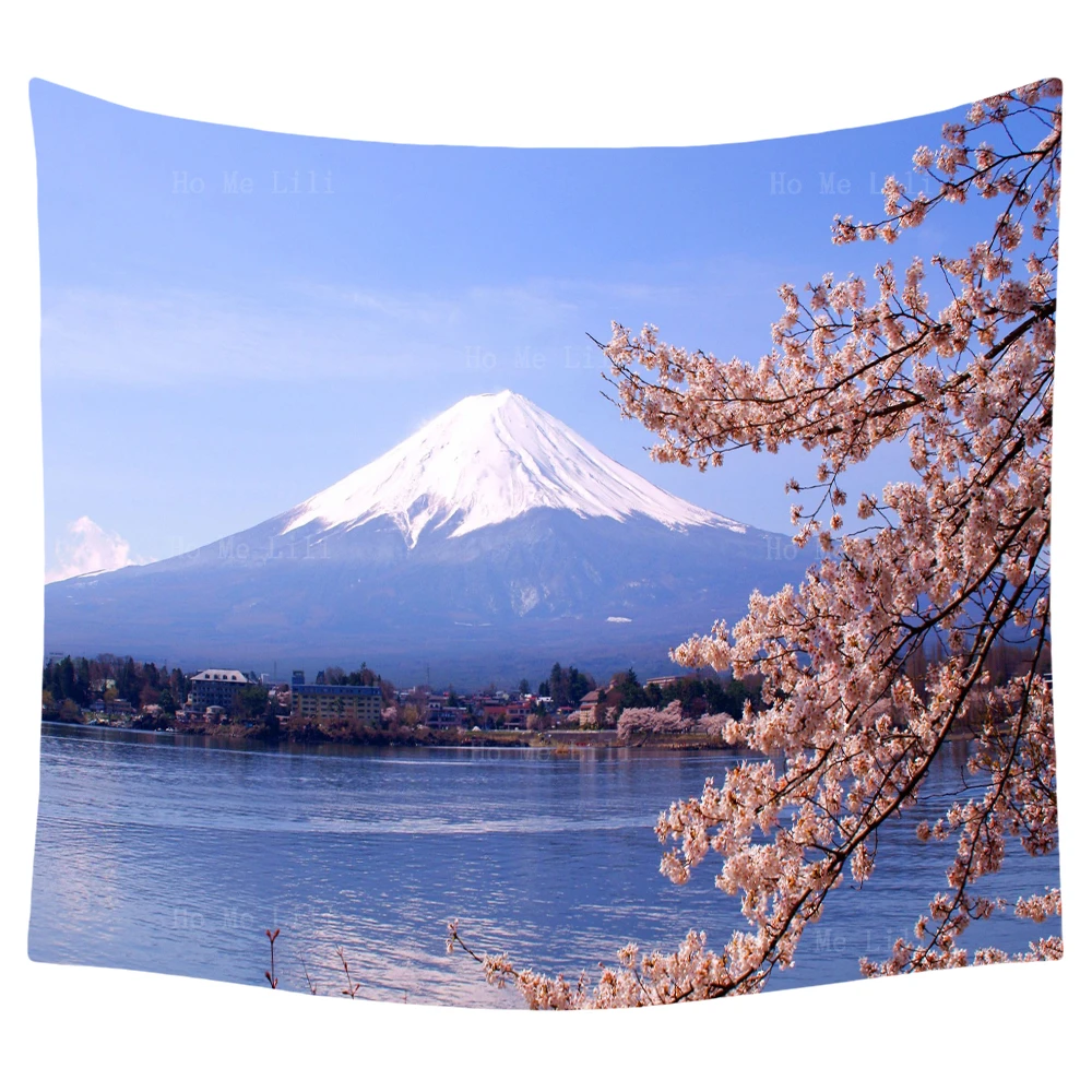 Mountain Fuji Cherry Blossom Japan Lake Tree Flowers Natural Scene Building Wonder Aesthetic Wall Hanging Decor Tapestry