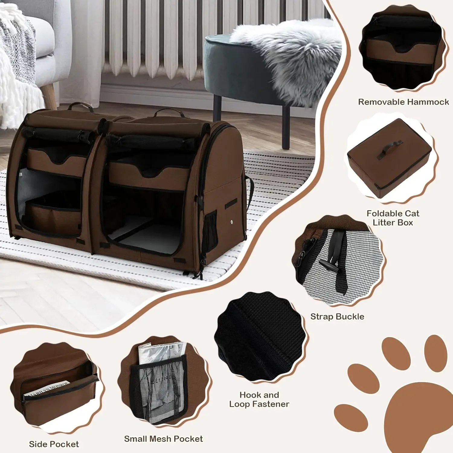 40 Inch Cat Carrier with Double Compartments, Portable Pet Kennel with 2 Removable Hammocks, Dual-use Mats & Litter Box