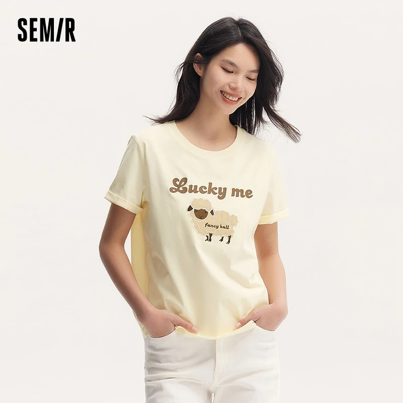 Semir Women T shirt Short-Sleeve Summer New Arrival Loose Casual Knit Fabric Sweet Top Breathable Short-Sleeve Tee