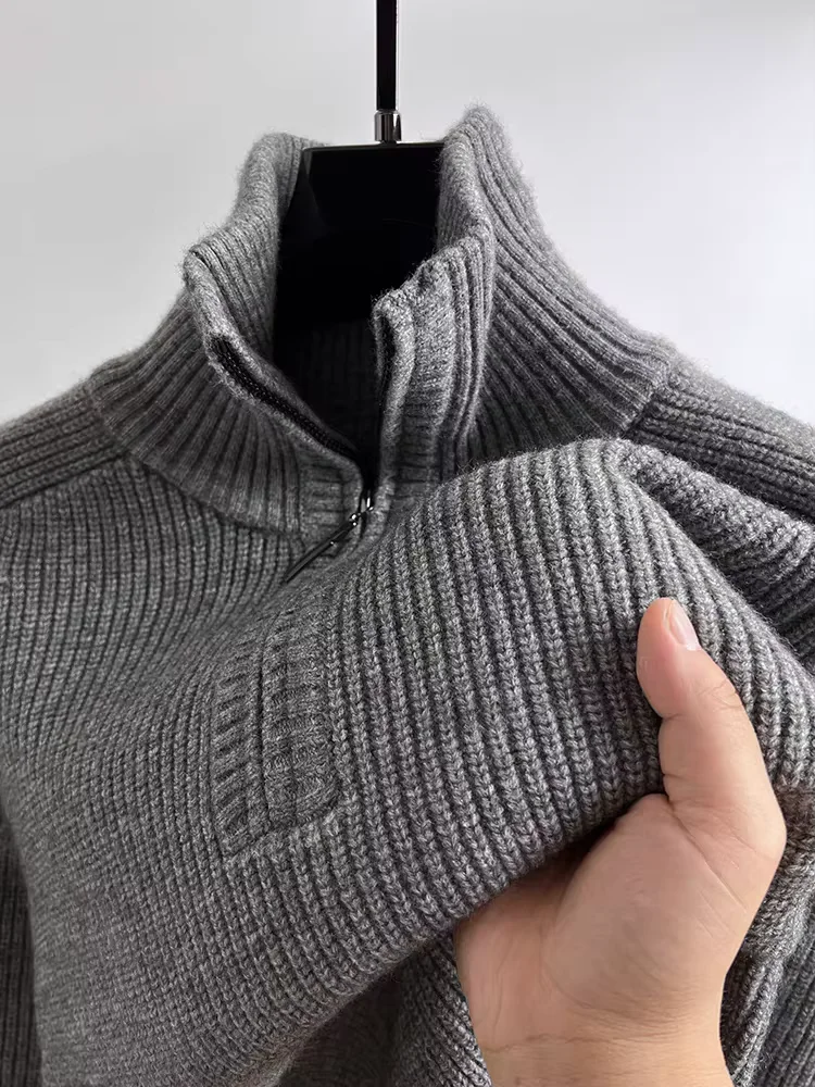 High quality semi zipper boutique sweater men's winter high neck fashion brand solid color casual warm thick knitted pullover