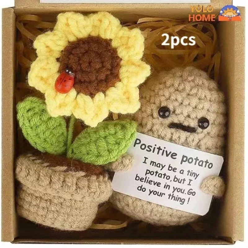 New Funny Knitted Wool Potato Hug Doll with Positive Card Mini Handmade Cute Warm Cheer Up Gift Home Decor Christmas Decoration