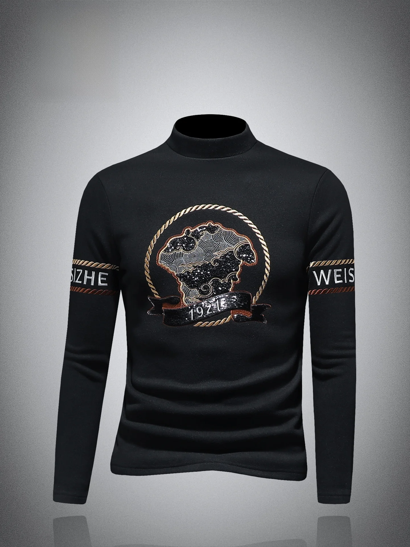 

High-End Embroidered Thiened Long Sve Men's Base irt f High Collar Fce Lined Slim Fit Warm Top Winter T-irt