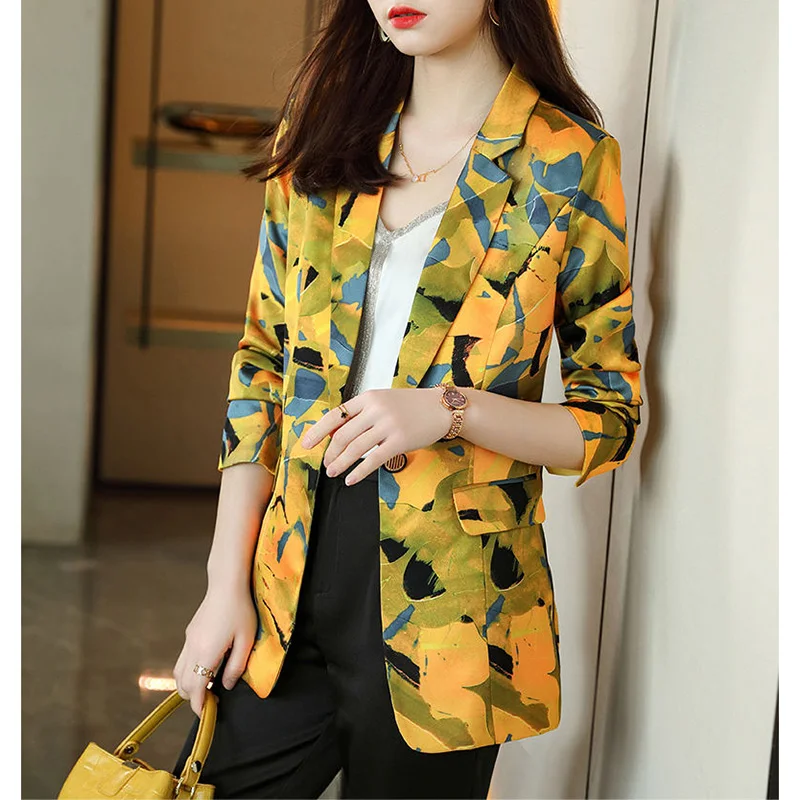 Elegant Lapel Button Spliced Pockets Printed Blazer Women\'s Clothing 2023 Autumn New Casual Tops All-match Office Lady Blazers