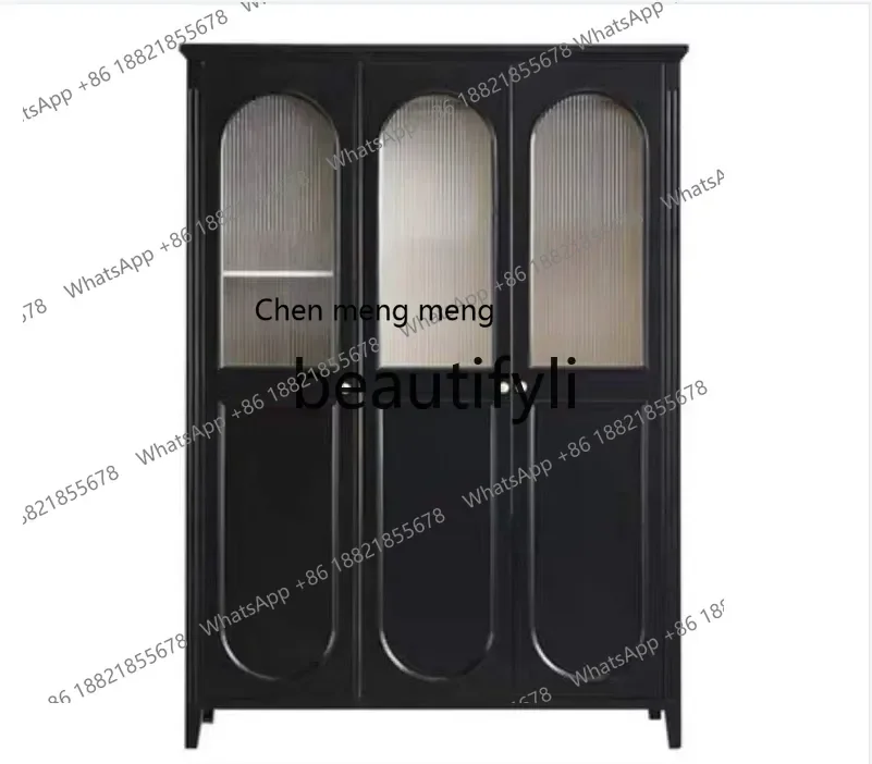 cn8350 ss American Style Solid Wood Ivory White Double Door Glass French Retro Distressed Wardrobe Bedroom Full Solid Wood Wardr