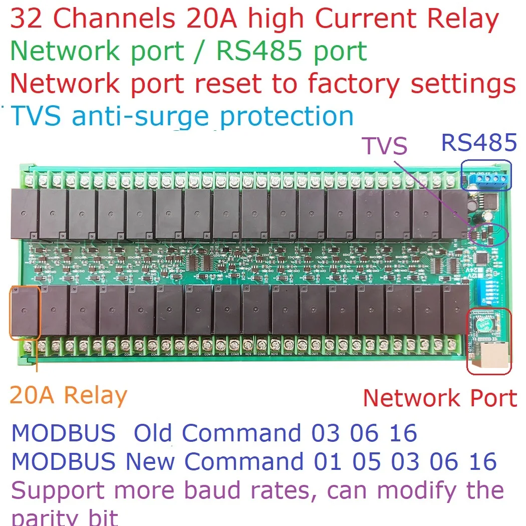 

32Ch DC 12V 24V 20A High Current Ethernet RS485 Relay Module RJ45 Network Port TCP/IP Modbus RTU Board