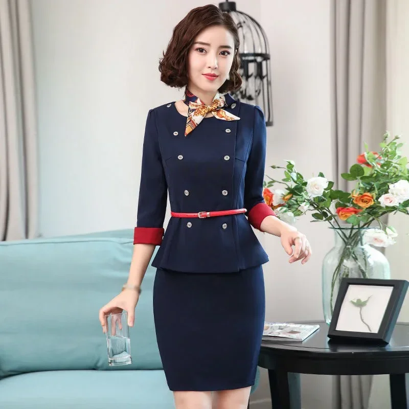 Neue Stewardess Uniform Klassische Professionelle Anzug Weibliche Luftfahrt Empfang Arbeit Kleidung Zwei Stück Anzug Top Mantel + Rock