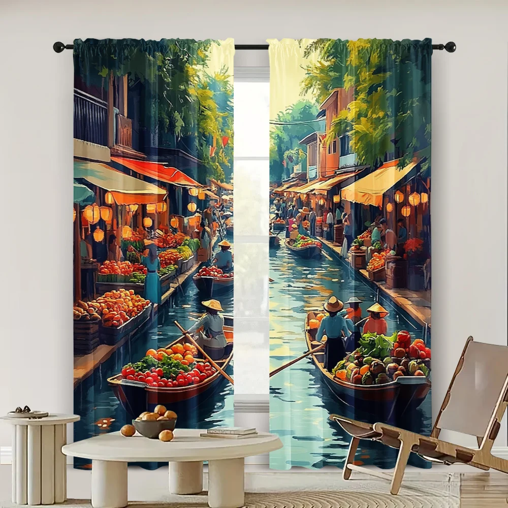 2pc,  Curtains Thailand Floating Market Versatile 100% Polyester,Without Electricity Festive Backdrops for Holiday Family Party