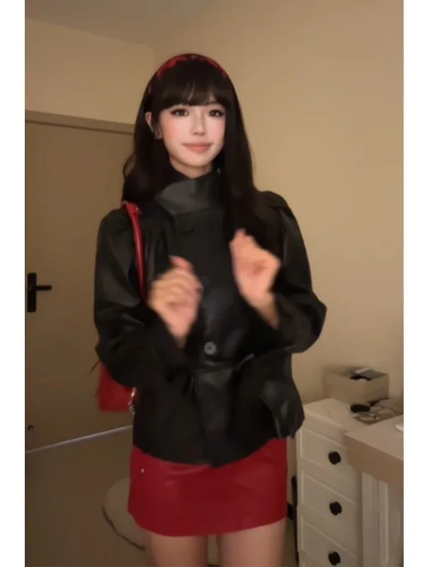 レトロアメリカンファイオンブラレザージャケット女性用ウエストシェイプスタンドカラーコートエレガント冬用アウター