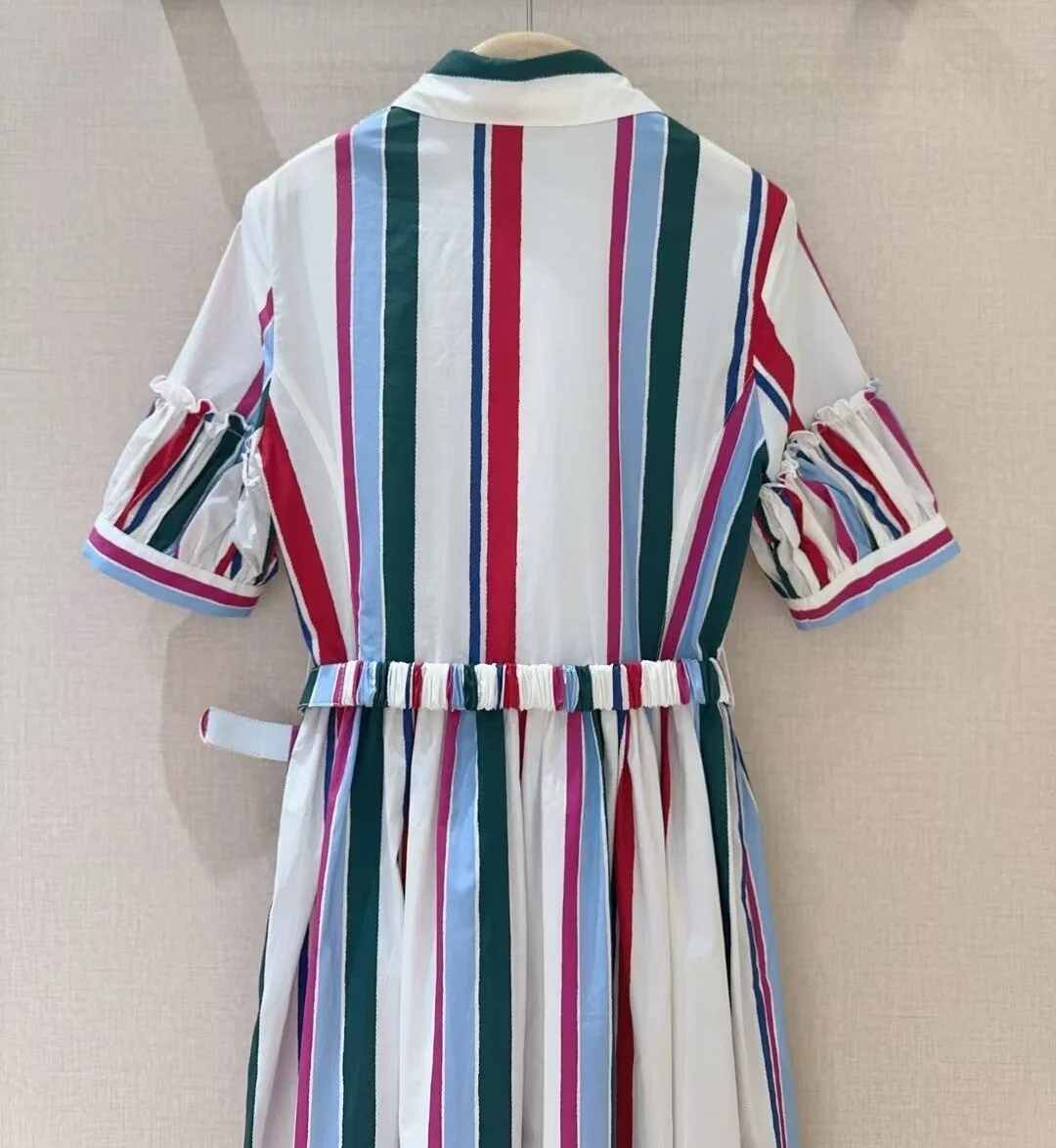 100%Cotton Dress 2025 Summer Style Lady Turn-down Collar Colorful Striped Print Belts Short Sleeve Mid-Calf Long Shirt Dress