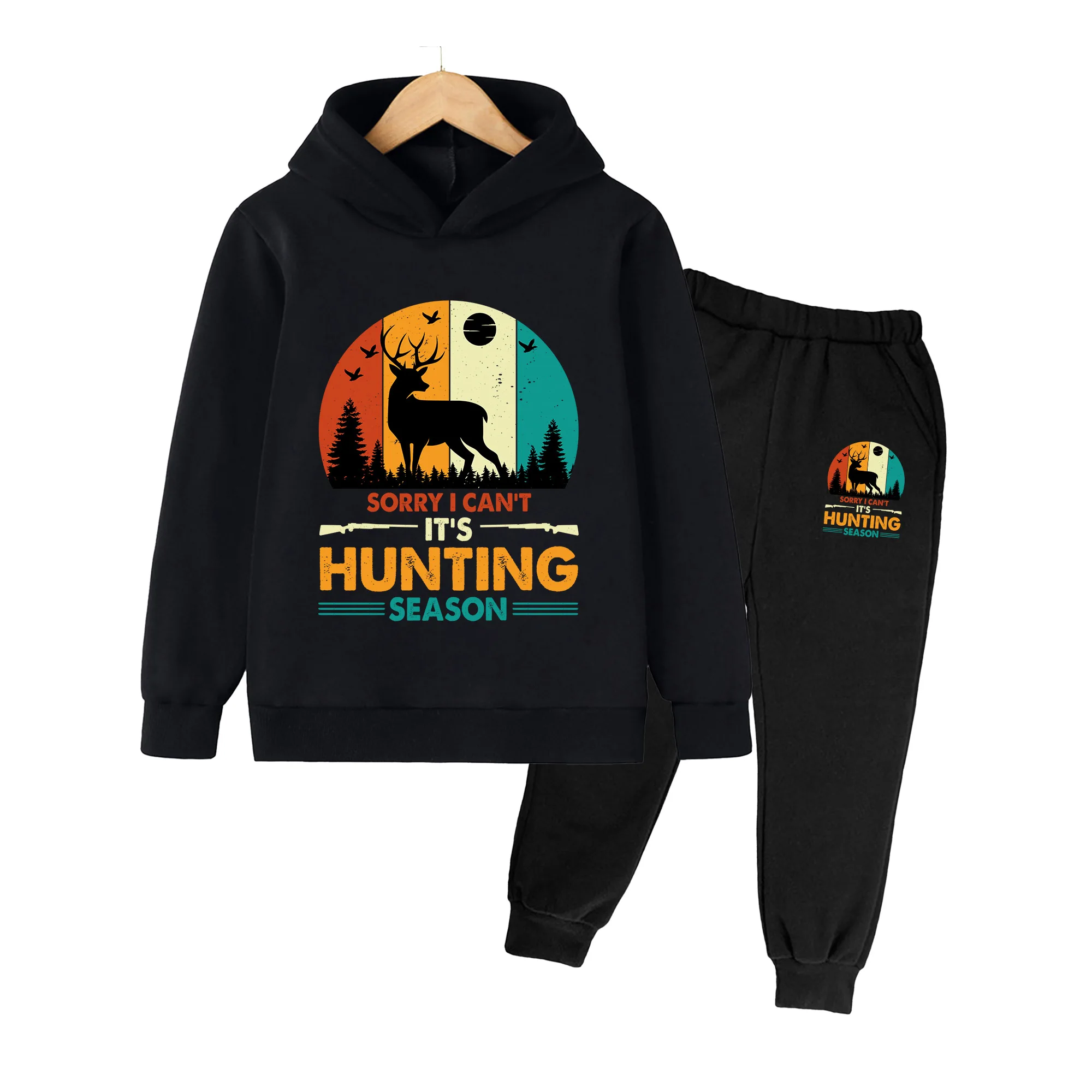Kids Hoodie & Sweatpants Set, Retro Hunting Season Print, Casual Outdoor Sportswear for Boys Girls