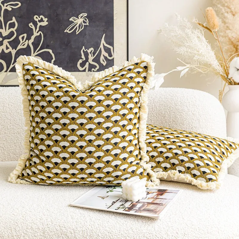 1PC Boho Mustard Yellow Geometric Fringed Cushion Cover Textured Jacquard Weaving Decorative Throw Pillow Case for Sofa Couch