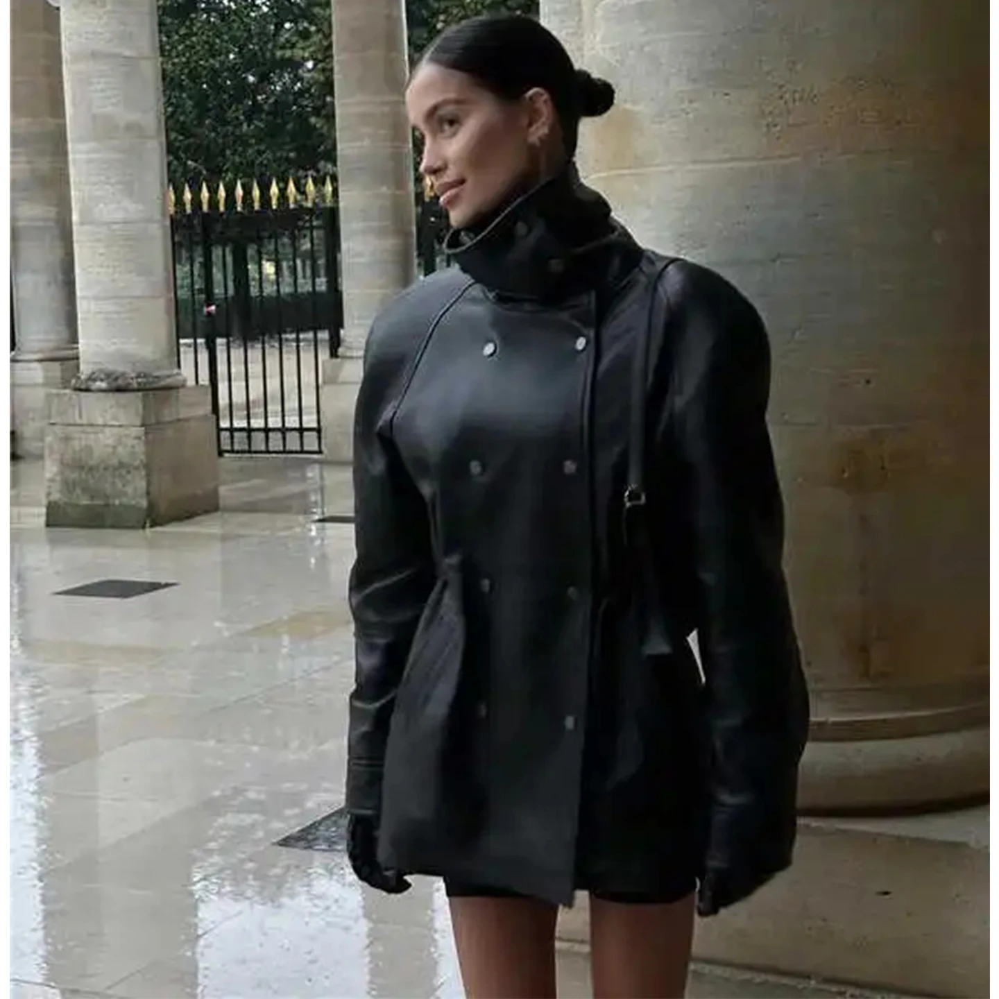 شتاء جديد المرأة الرجعية عملة طويلة Sve الوقوف طوق بولي Leather الجلود Jaet منتصف طول معطف ملابس خارجية السيدات ألياف البوليستر