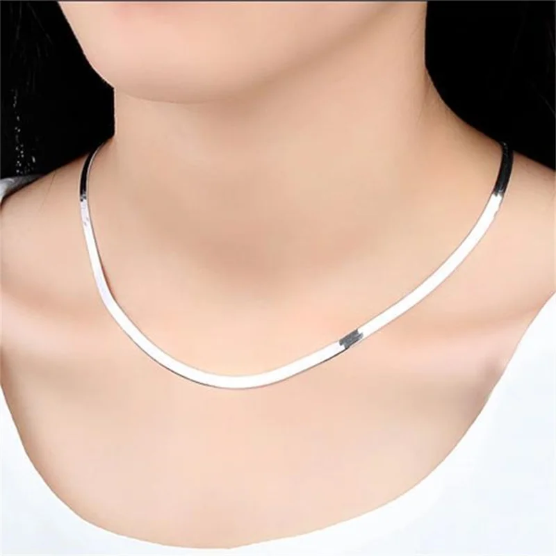 Pure 925 Sterling Silver 4MM Width Blade Chain Necklace Smooth Unisex Couple Lover Clavicle Collar Women Men Jewelry