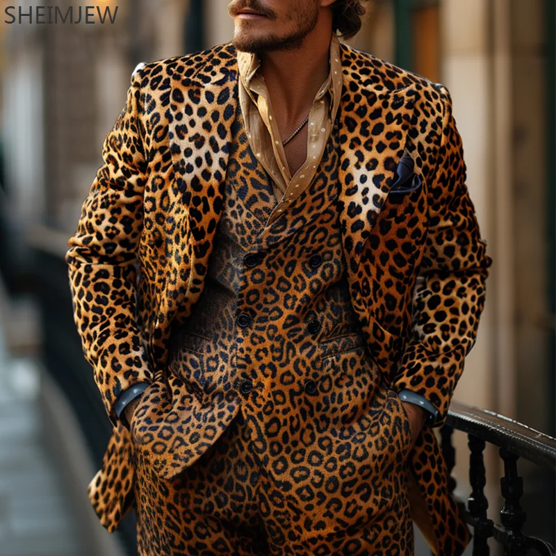 Casual Long Sleeve Animal Jacket & Pant Two-piece Men's Classic Leopard Color Print Suit Carnival Ball Suits Party Customized