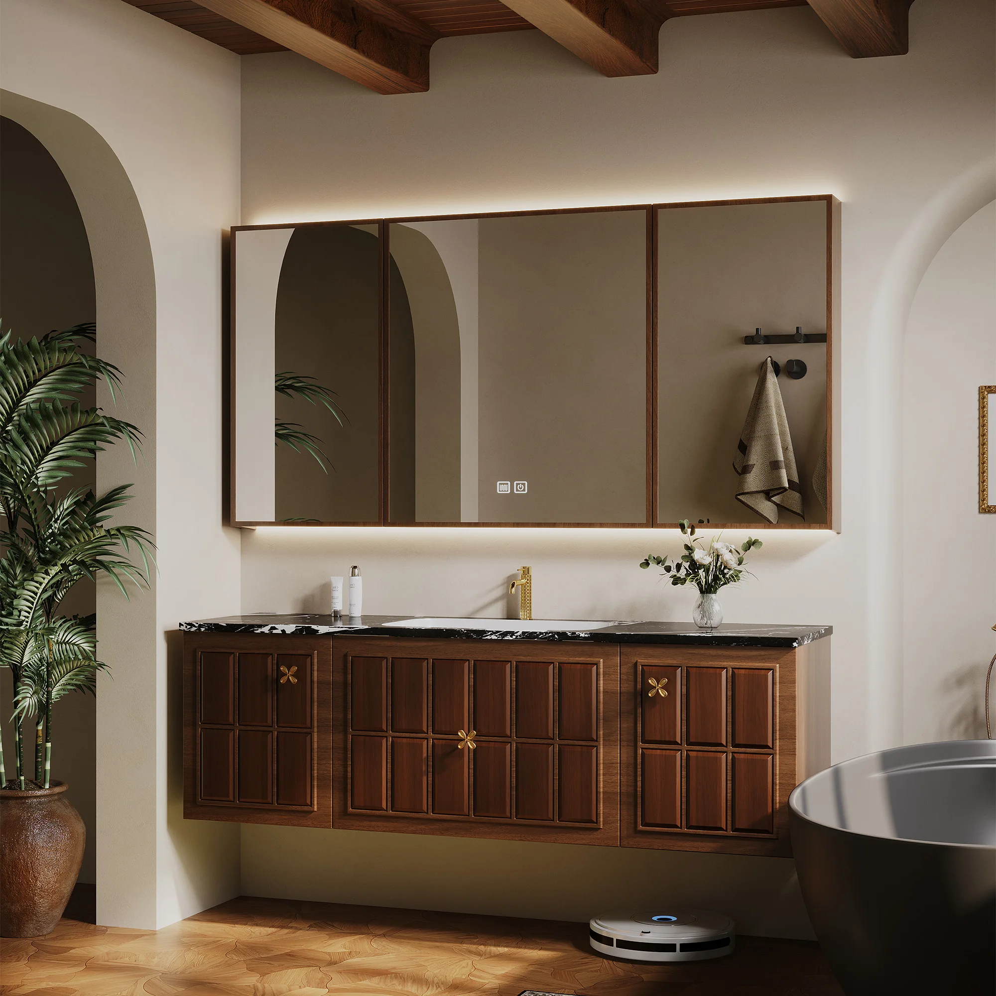 Bespoke French Vintage Solid Wood Gold Floating Double Sink Bathroom Vanity With Black Marble Top Smart LED Mirror Cabinet
