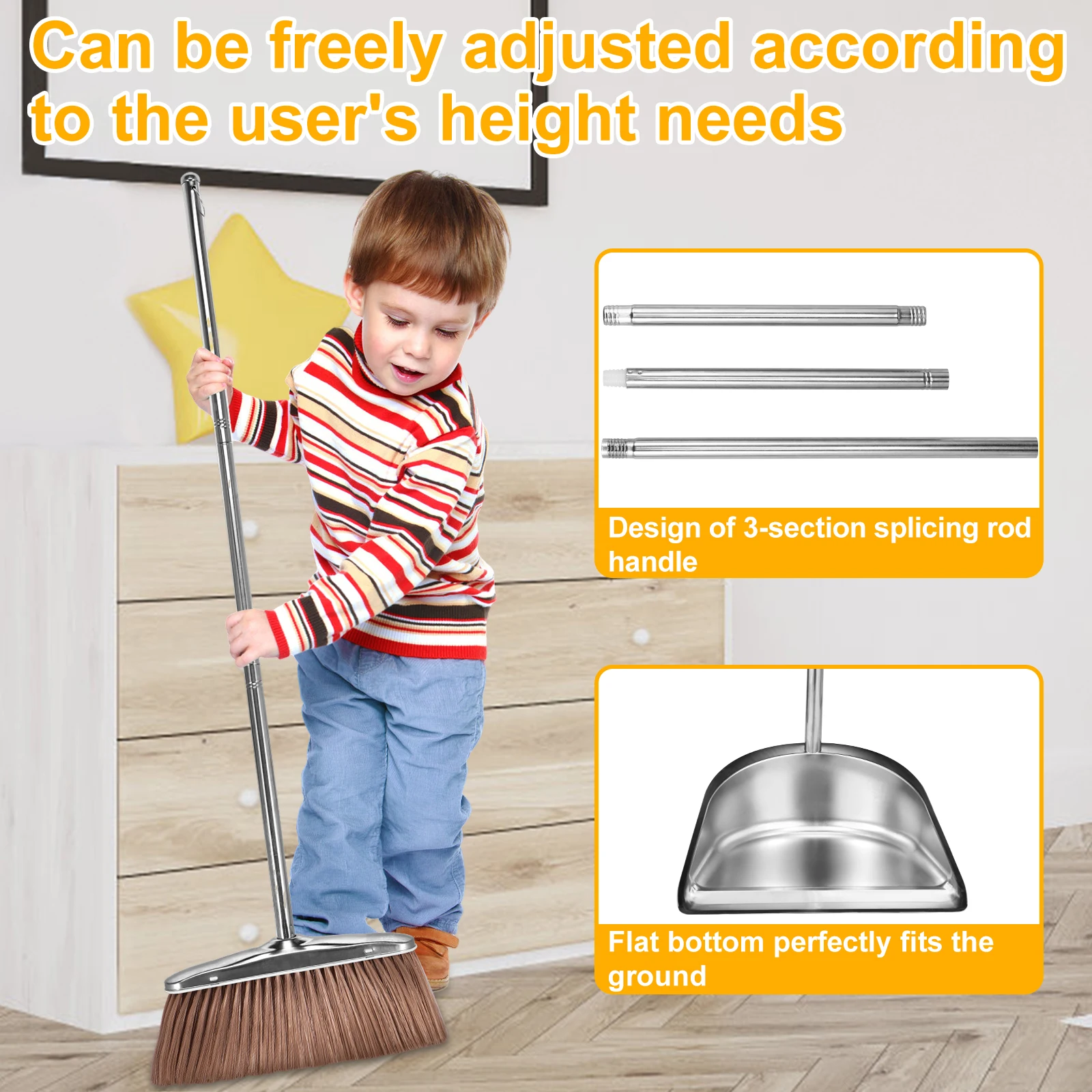 Broom and Dustpan Set with Long Handle Heavy Duty Stainless Steel Dustpan with Broom Space Saving Broom Dustpan Combo Sweeper