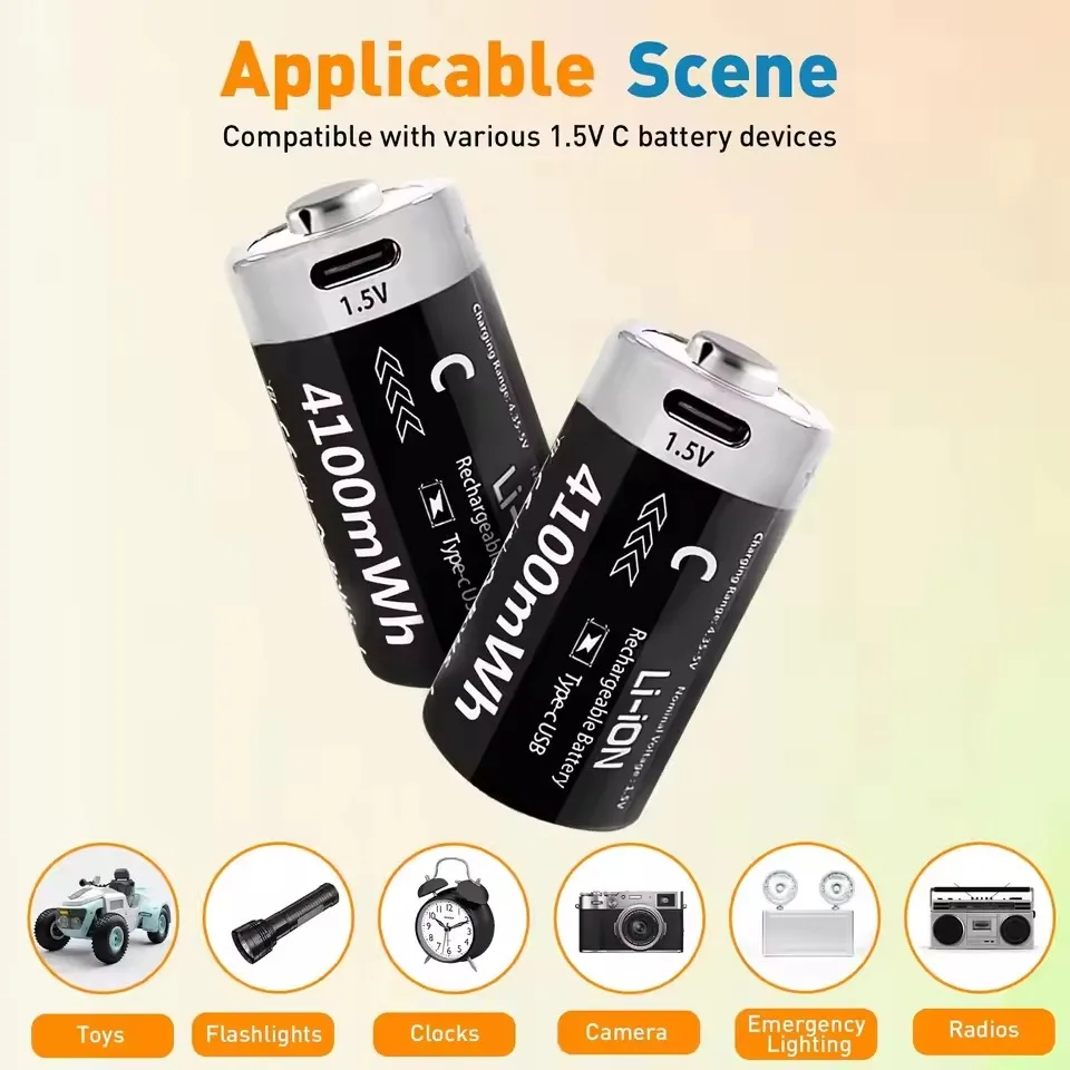 1.5V 4100mWh Rechargeable Battery USB Type-C Batteries C Size LR14 Lithium-ion C-Cell Battery for Flashlight Radio Clock Toys