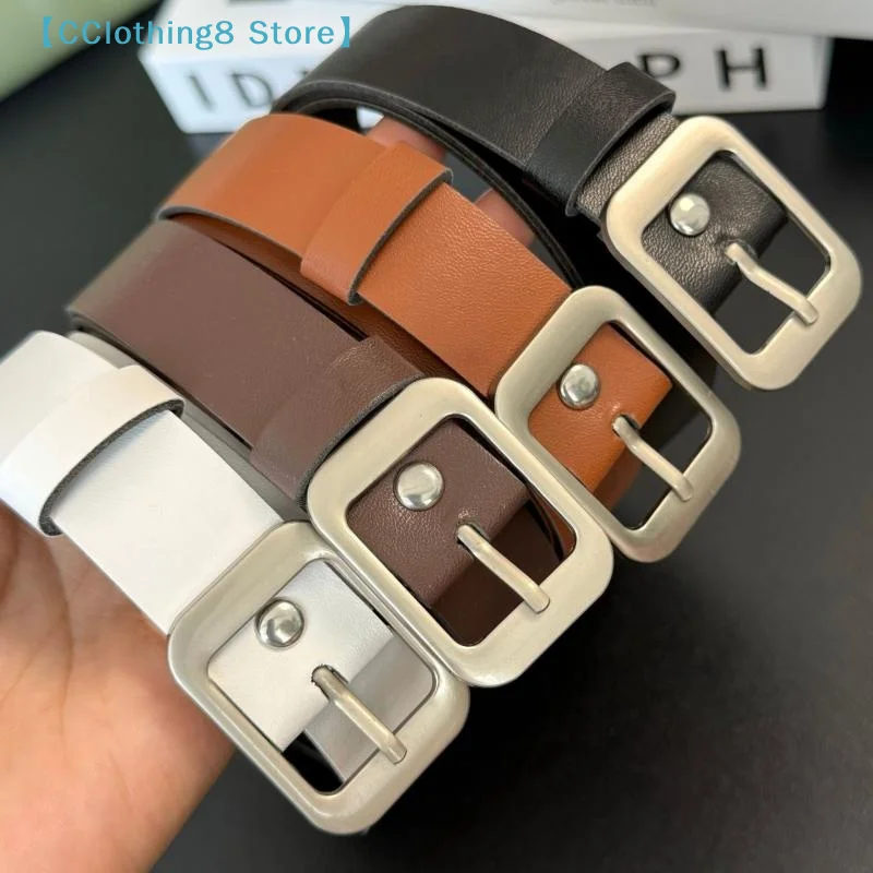 PU Leather 102CM Long 2.4CM Wide Silver Square Metal Buckle Women Belts Matched Dress And Jeans Women's Waistband【AliS8】