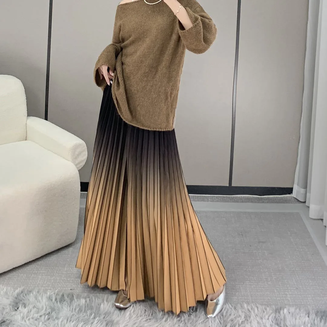 Pleats Pleated Wide Leg Pants Draped Gradient Color Casual Pants Women 2024 New Long Skirt Casual High Waist Rainbow Pants