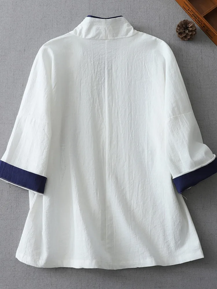 

Women's irt Tang Costume Cotton Linen Belted V-ne Zen Meditation New Chinese Sle Tea Clothes Top Commute Art Loose Fit