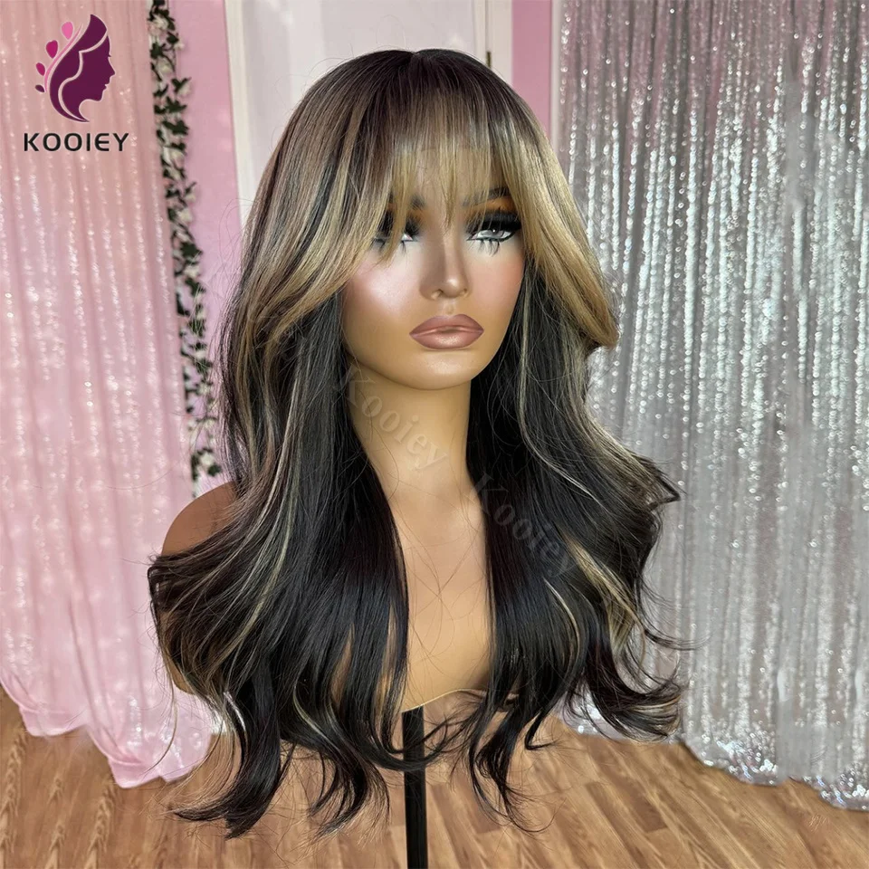 

1B/27 Highlight Blonde Wig with Bangs 13x4 Human Hair Glueless Body Wave Lace Front Wig PrePlucked Transparent 5x5 Silk Top Wigs