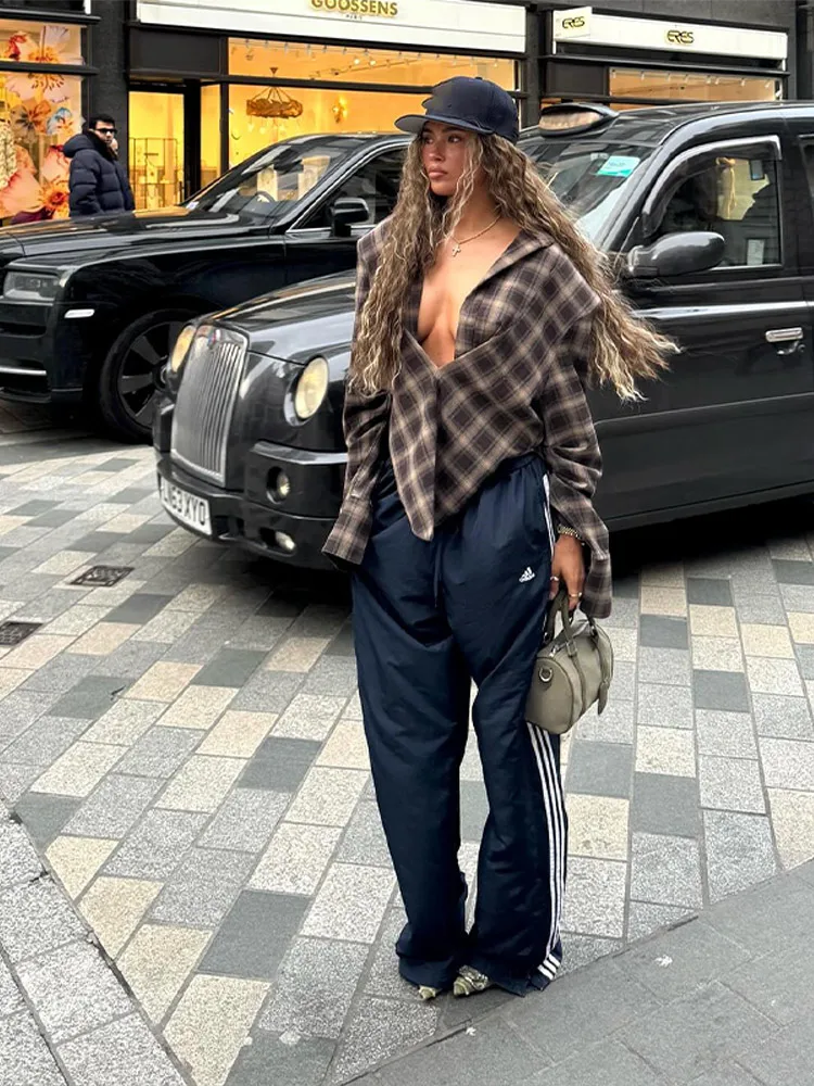 منقوشة القمصان النسائية بدوره إلى أسفل طوق كم طويل زر الكتف وسادة امرأة البلوزات المتضخم الخريف السببية تنورة فضفاضة السيدات