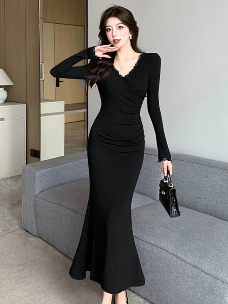 Slimming Lace Trim V-ne Fi-tail Dr Women's Autumn High-waisted Bodycon Sexy Elegance Beautiful Wraparound Skirt