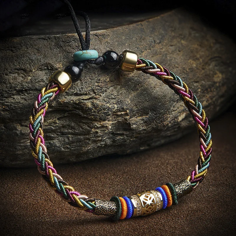 Diamond Knot Colorful Rope Tibetan Ethnic Style Bracelet for Men Hand-woven Good Lucky Beads Chinese Style Hand Rope for Women