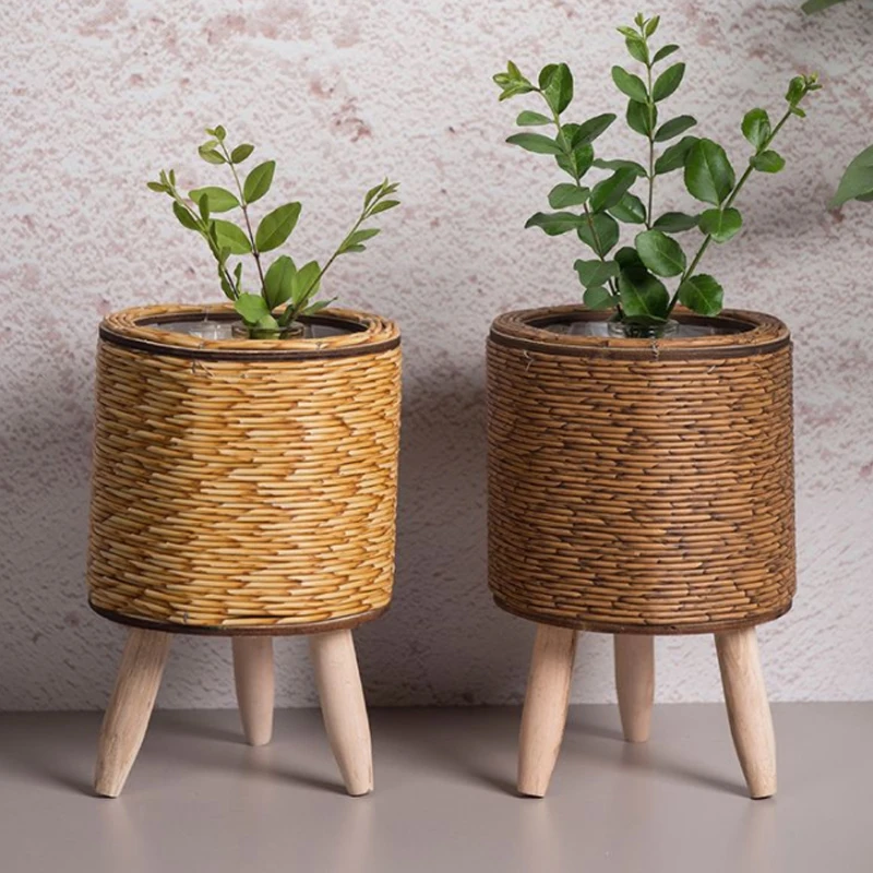 1Pc Rattan fioriera fioriera Desktop creativo contenitore di stoccaggio succulento supporto per piante con staffa per piedi in legno rimovibile