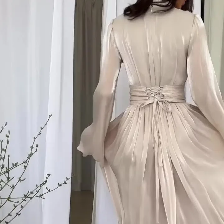 2024 New Solid Color Satin Maxi Pleated Plastic Wedding Dress Women Elegant O-Neck  Waist Party Long Dress Women