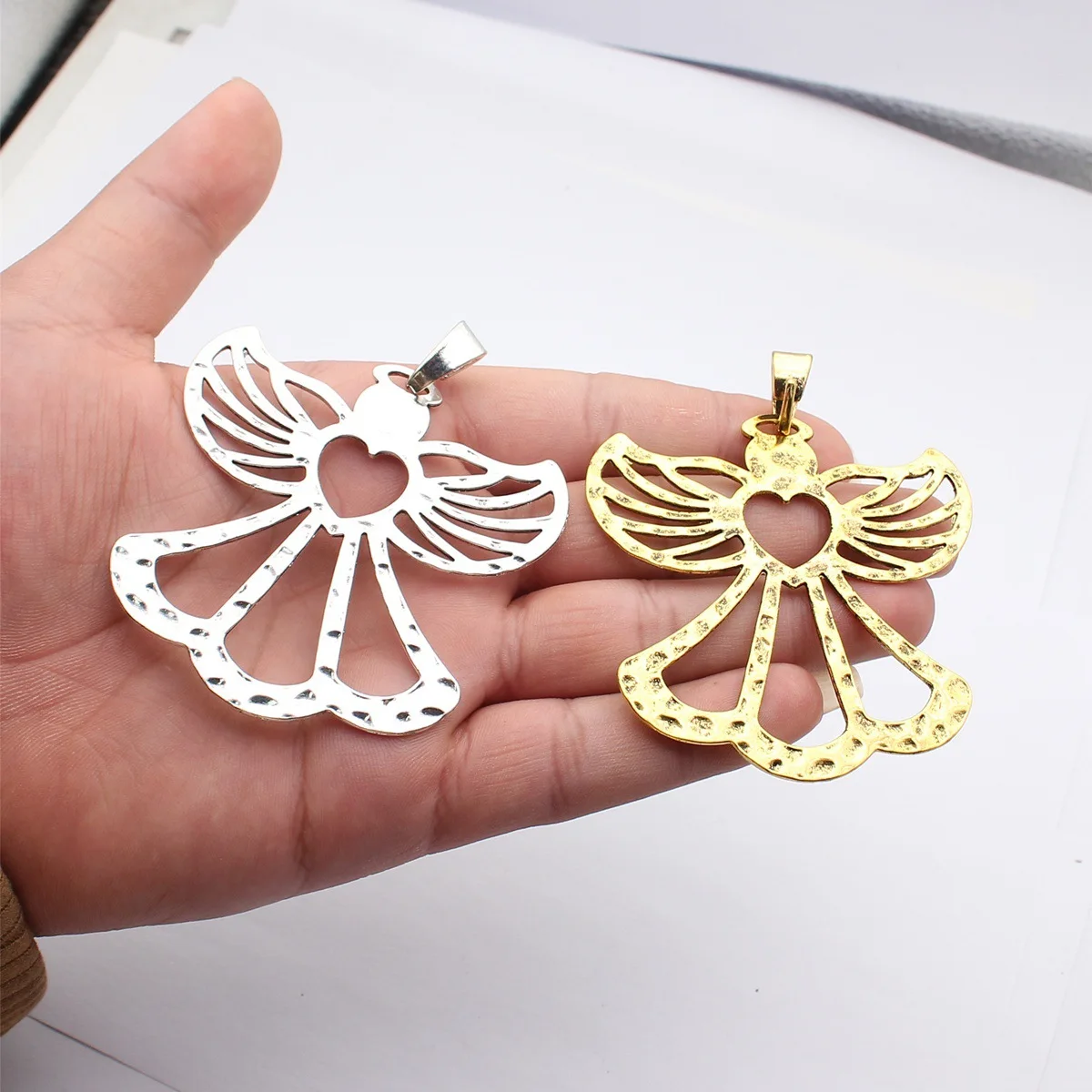 WYSIWYG 1pcs 82x71mm 2 Colors Antique Silver Color Antique Gold Color Hollow Out Heart Angel Charms For DIY Jewelry Making