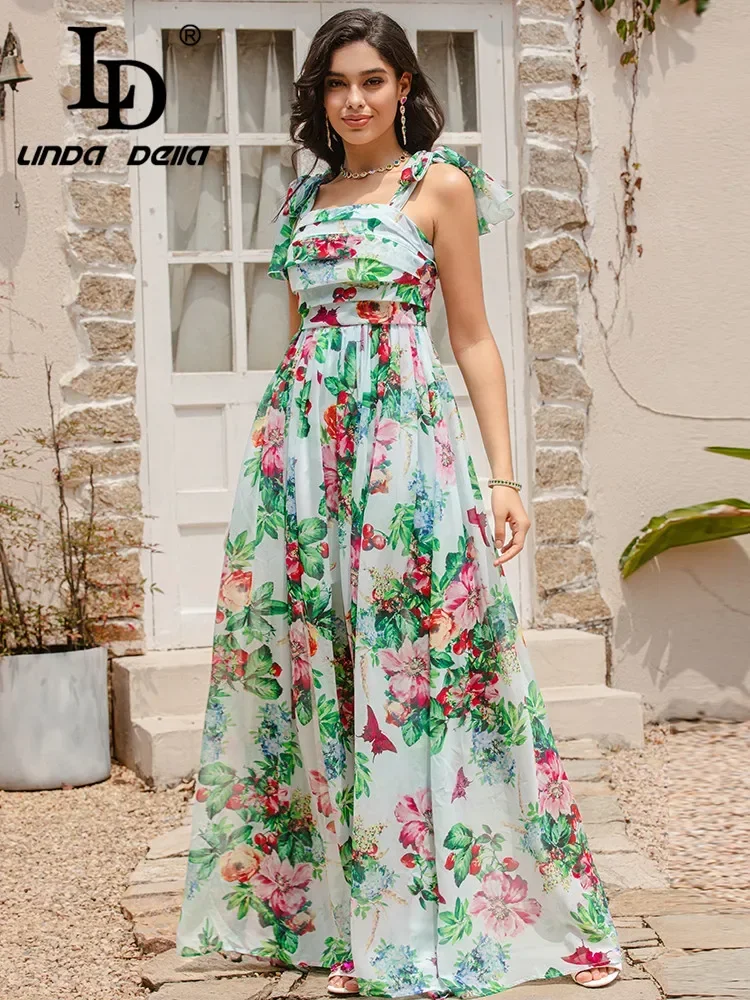 LD LINDA DELLA 2024 Designer's New Summer Elegance Chiffon Print  Dress Waist Slim-Fit Holiday Party Maxi Dress