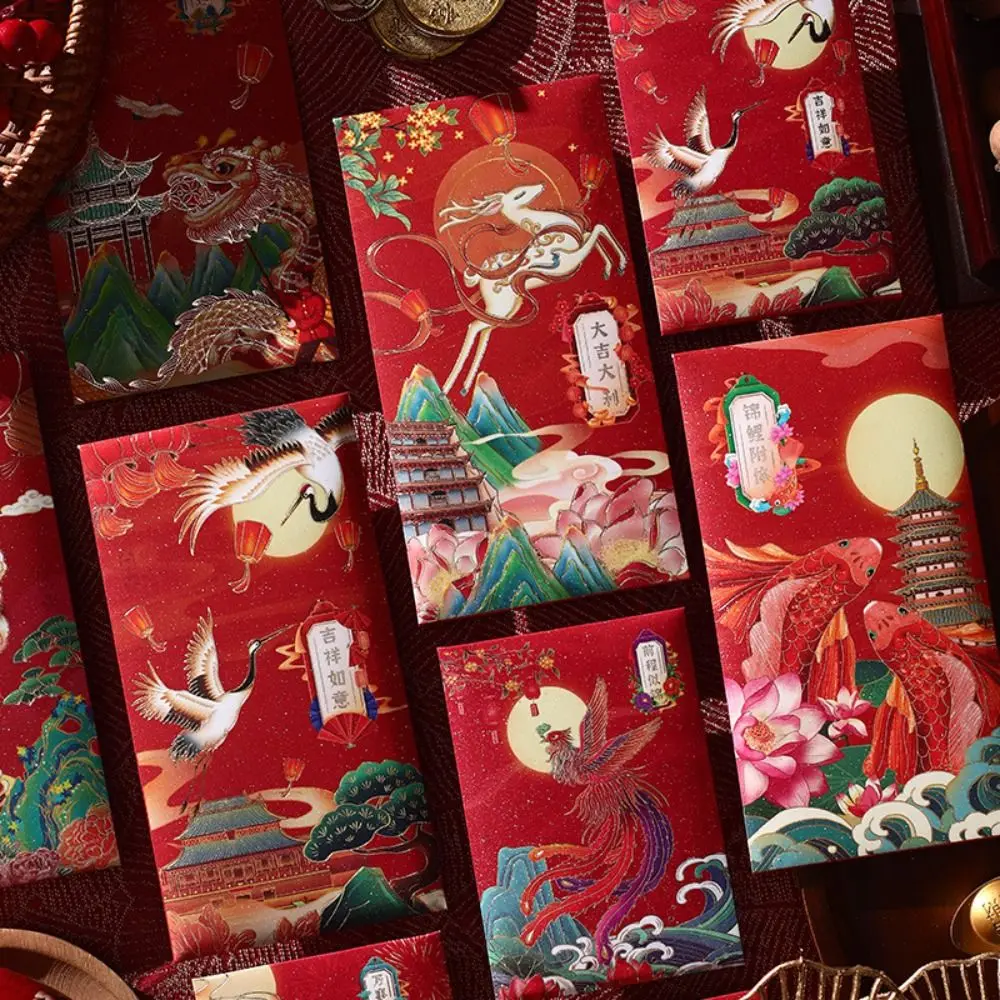 6 шт., новогодние красные конверты в китайском стиле, традиционные Хунбао, удачи, красный карман, утолщенный пакет денег с благословением, подарок для детей