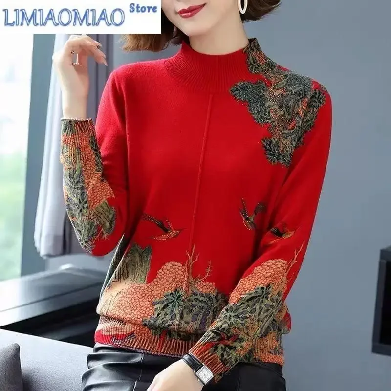 

Women Clothing Autumn Winter Round Neck Geometric Contrast Color Pullover Lantern Long Sleeve Sweater Knitted Elegant Tops