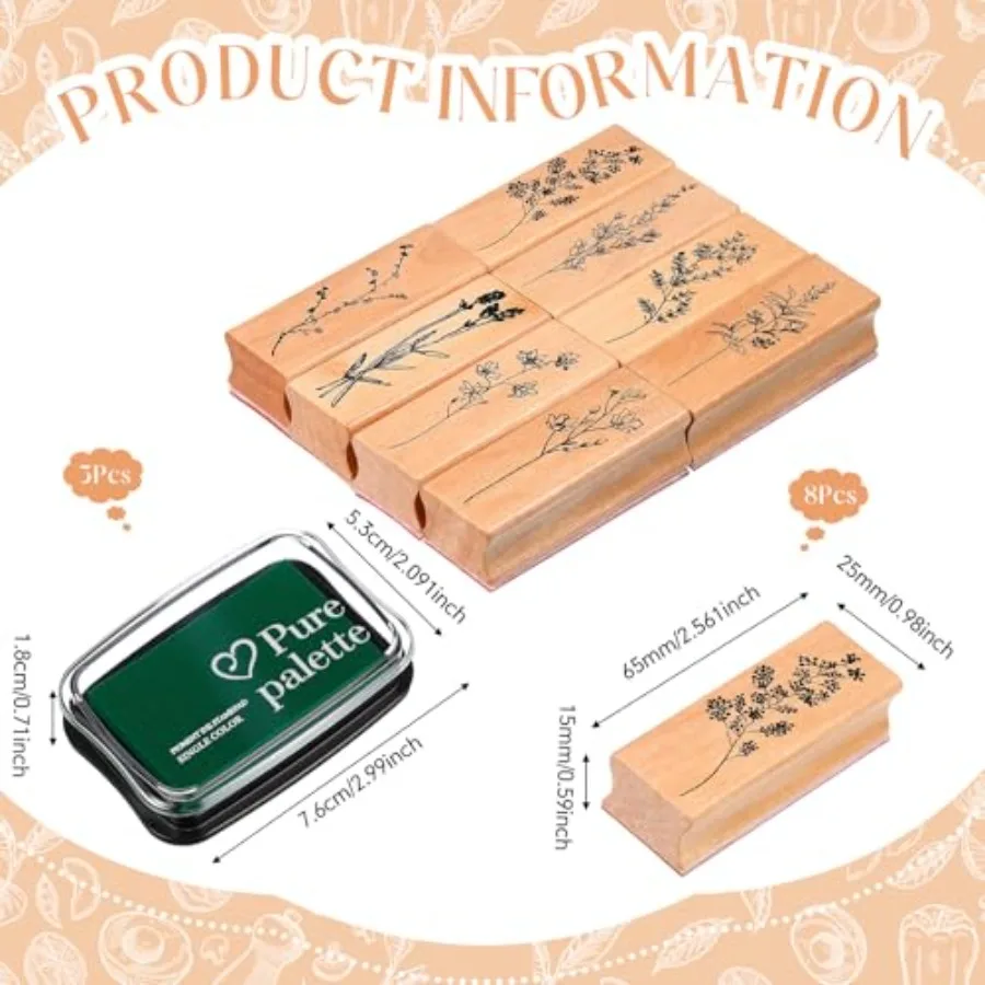 8 Pieces Vintage Rubber Stamps Decorative with 3 Colors Ink Pad Wooden Plant Flower Stamps Set for DIY Craft, Scrapbook, Letter view 2