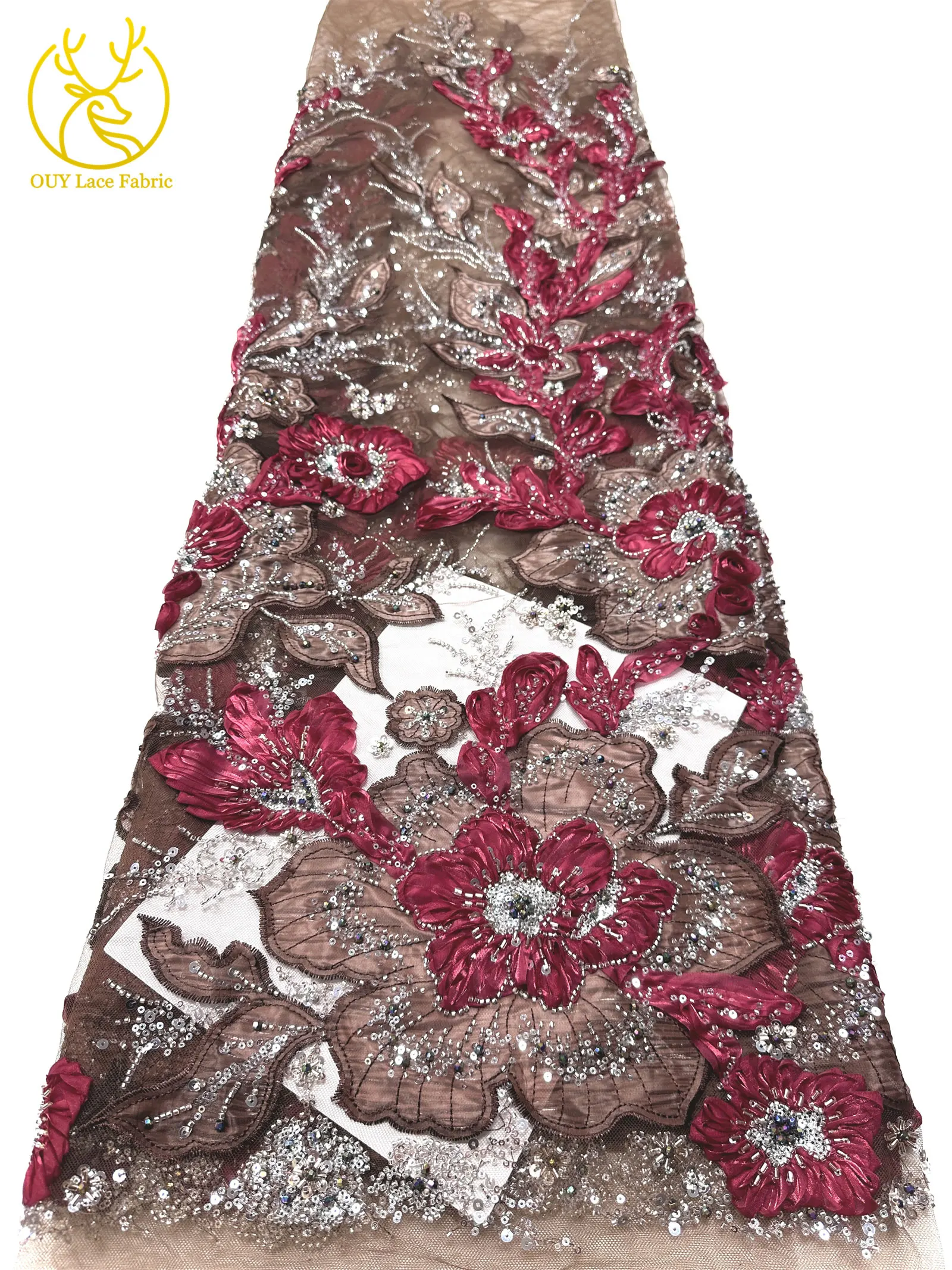 Marineblauer, wunderschöner afrikanischer Spitzenstoff mit Perlen und Pailletten, 3D-Blume, nigerianischer hochwertiger Tüll-Mesh-Spitzenstoff für Ballkleider, 5Y – Detail 20