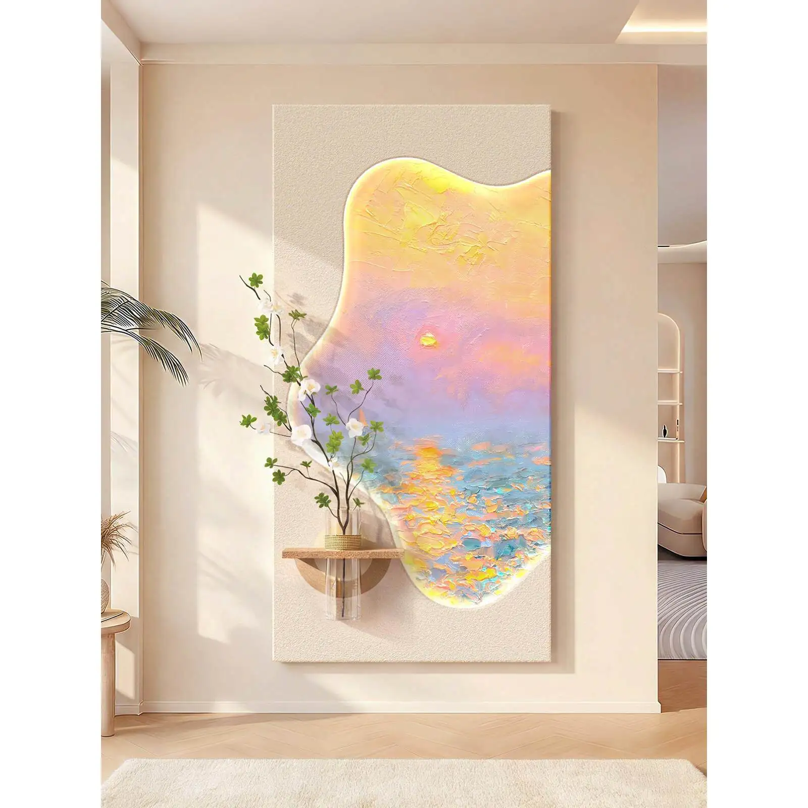 Cream style foyer decoration painting 2026 new hydroponic green plant three-dimensional sandstone light painting